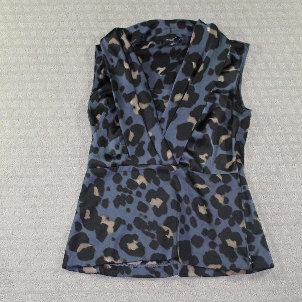 Sophisticated! Ann Taylor Sz 2P Smoky Blue, Black and Tan Satin Blouse